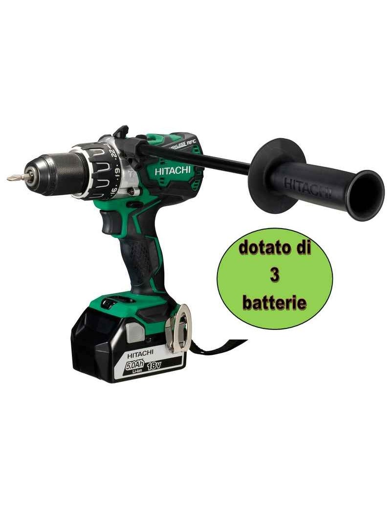 Potentissimo trapano avvitatore a percussione reversibile da 18V dotato di tre batterie al Litio super-performanti da 5.0Ah. Sup